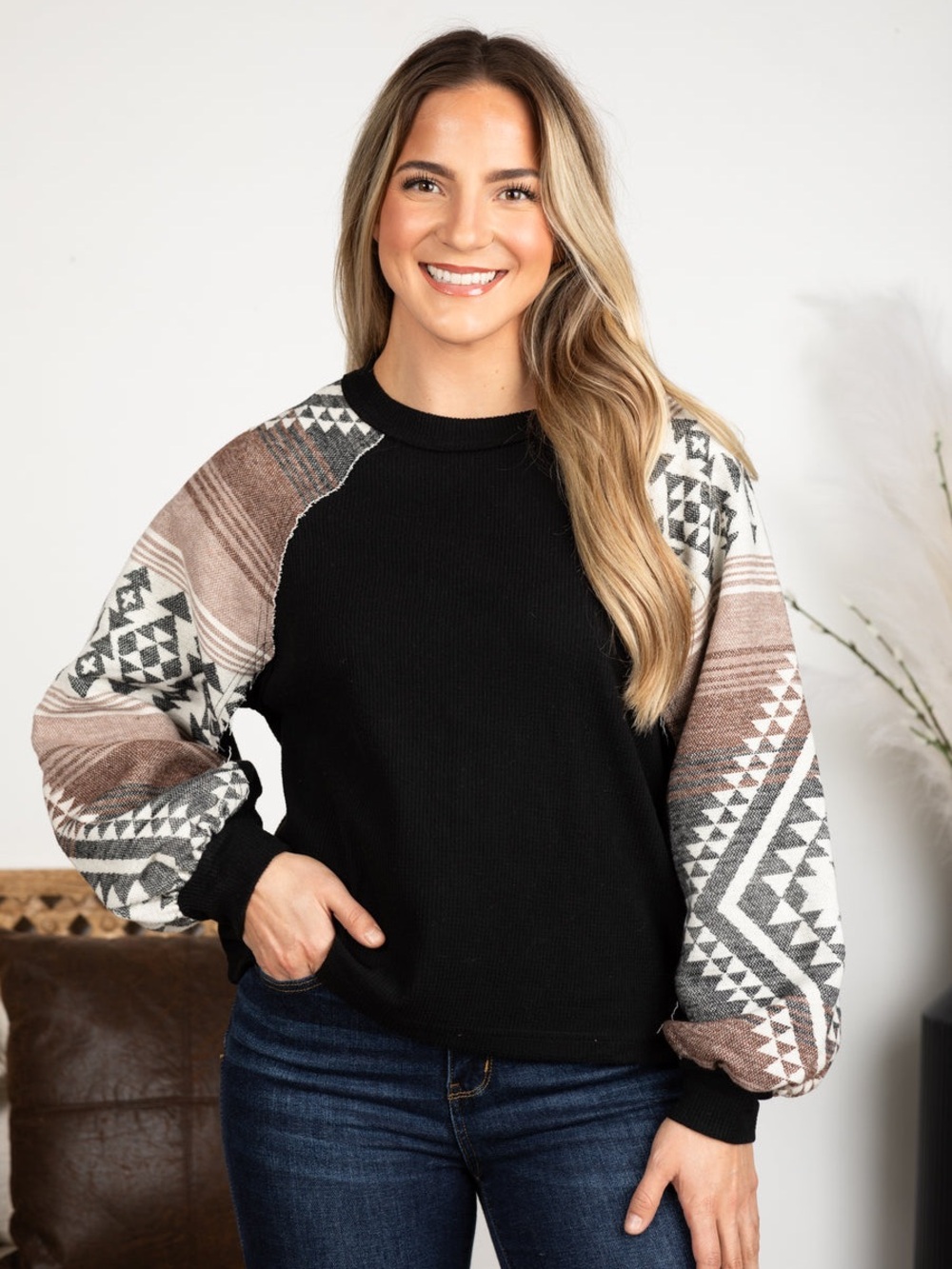 Chic Soul Waffle-Knit Raglan Sweatshirt Aztec Indian Blanket Wide Sleeves Baggy